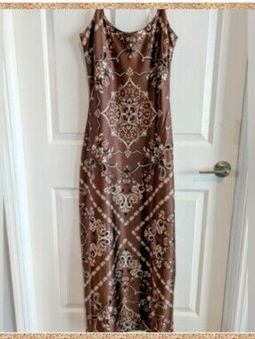 NWT Dressy Satin Maxi Dress By Sincerely Jewels Large Neutral Tan Wedding Guest